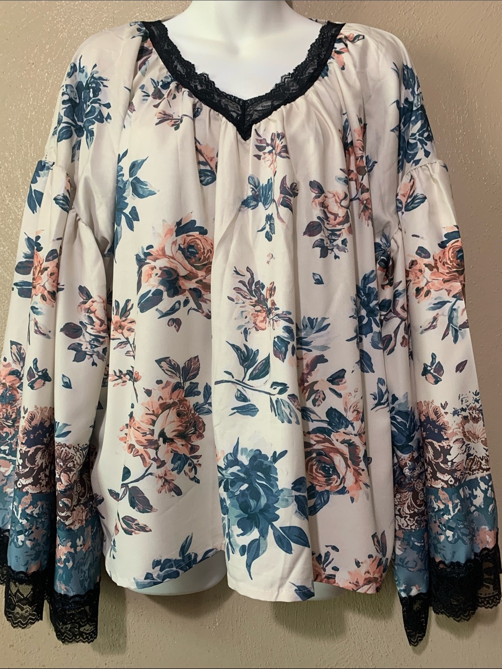 Floral Lace-Trim Peasant Blouse - size M Blue & Blush - Picture 2 of 4